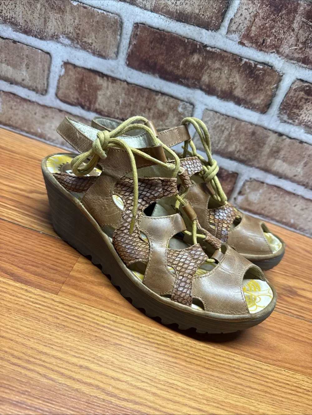 Fly London Yexa Tan Metallic Lace Up Wedge Sandals Size 39 (US 8)